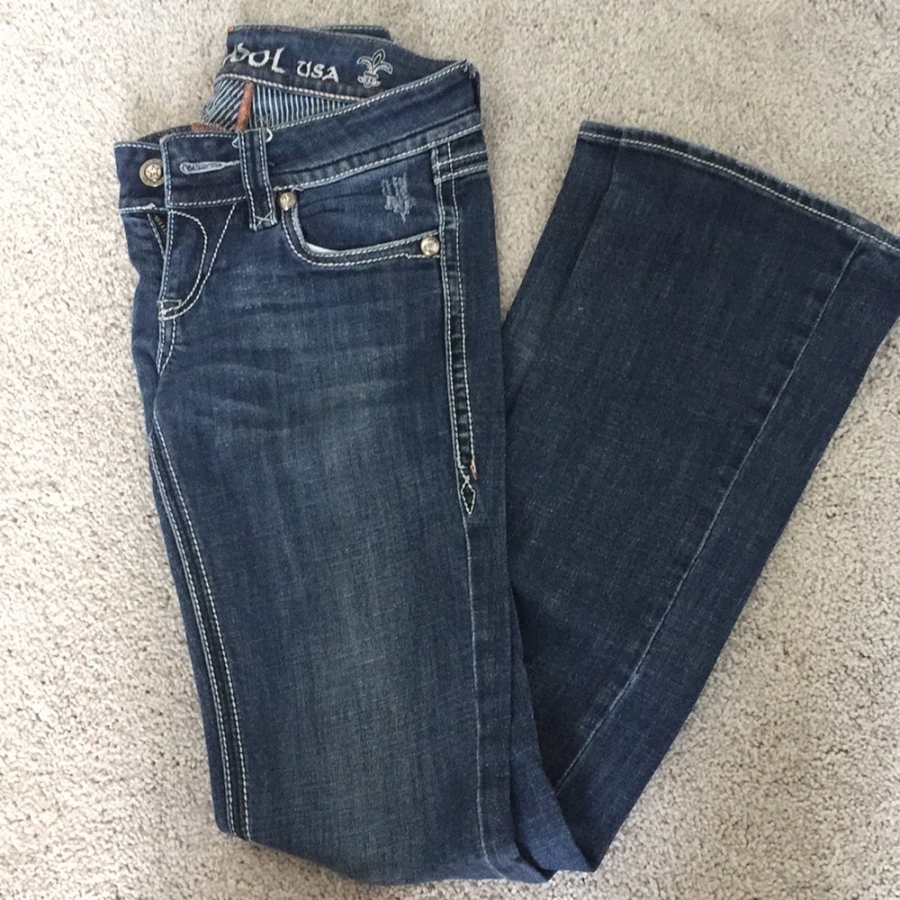 LA Idol dark wash flare jeans.